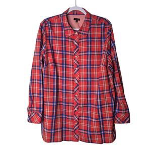 NWOT Talbots Plus Cotton LS Button Down Shirt Red-Orange Blue Plaid Size 2X